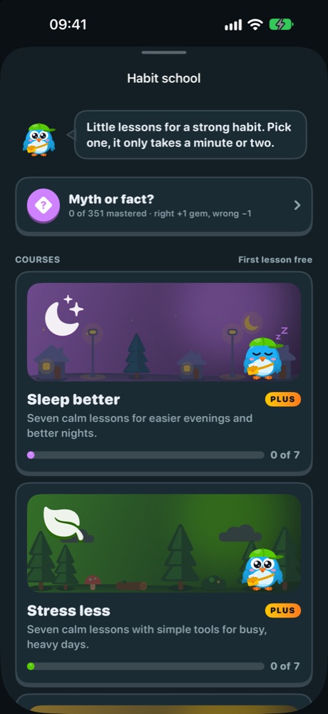 Habit school with quizzes and walk and listen lessons